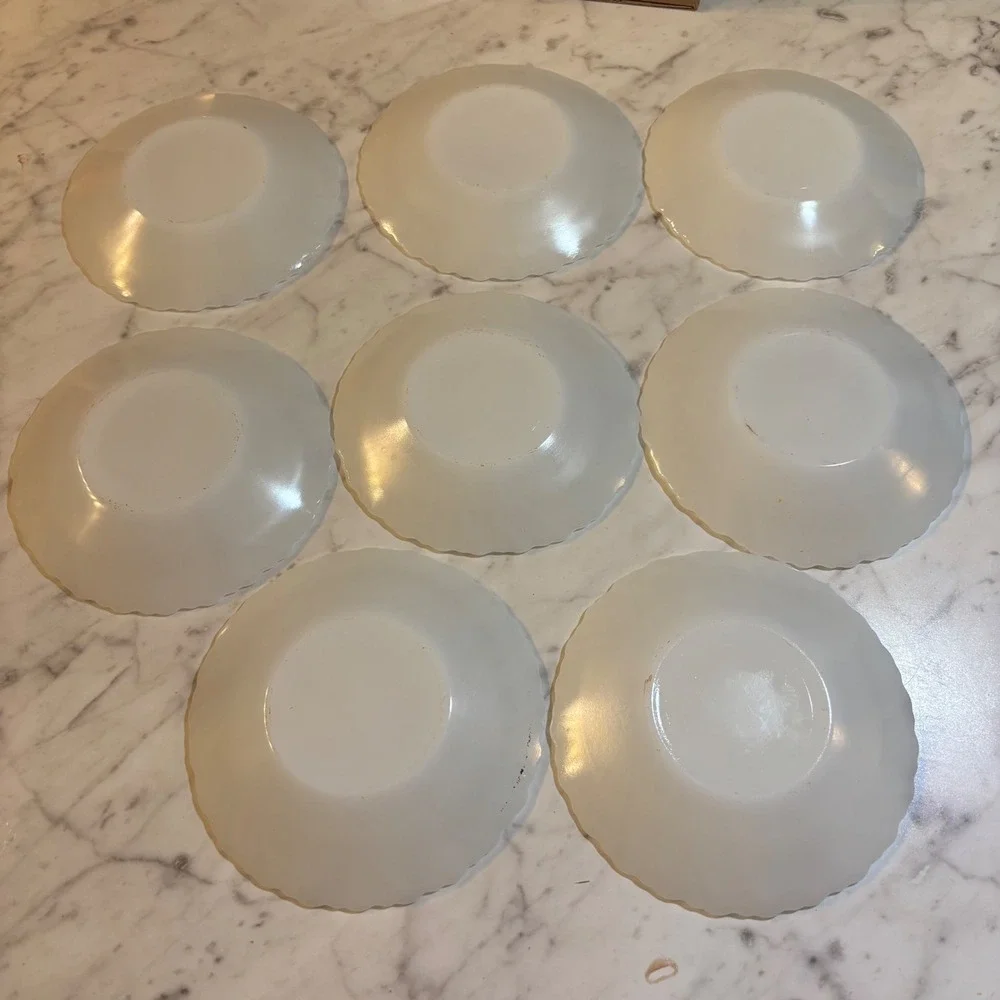 Vintage White Milk Glass Swirl Saucers Set of 8 Scalloped Edge Bread Plates 6in